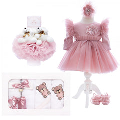 Set trusou complet pentru botez de fete, 11 piese, rochita roz pudrat, lumanare cu ursuleti, trusou brodat cu ursuleti, REC2460