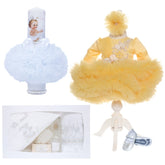 Set trusou complet pentru botez de fete, lumanare alba cu bebe printesa, rochita galbena, trusou "Cu mult drag de la nasi" si pantofiori, 11 piese, Recostore, REC1774