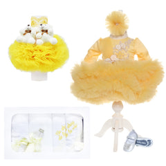 Set trusou complet pentru botez de fete, lumanare, rochita, trusou si pantofiori, 11 piese, galben, Recostore, REC1773