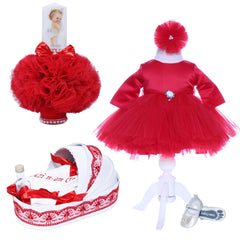 Set trusou complet pentru botez de fete, lumanare rosie cu bebe printesa, rochita rosie, trusou cu "azi m-am crestinat" si pantofiori, 10 piese, Recostore, REC1788
