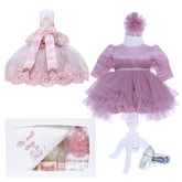 Set trusou complet pentru botez de fete, lumanare roz cu dantela, rochita roz pudrat, trusou "cu mult drag de la nasi" si pantofiori, 11 piese, Recostore, REC1794