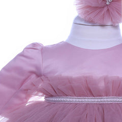 Set trusou complet pentru botez de fete, lumanare roz cu dantela, rochita roz pudrat, trusou "cu mult drag de la nasi" si pantofiori, 11 piese, Recostore, REC1794