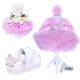 Set trusou complet pentru botez de fete, lumanare roz cu doi ursuleti, rochita roz, trusou "azi m-am crestinat" si pantofiori, 10 piese, Recostore, REC1775