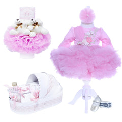 Set trusou complet pentru botez de fete, lumanare roz cu doi ursuleti, rochita roz, trusou "azi m-am crestinat" si pantofiori, 10 piese, Recostore, REC1775