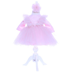 Set trusou complet pentru botez de fete, lumanare roz cu ingeras, rochita roz cu pene, trusou "azi m-am crestinat" si pantofiori, 10 piese, Recostore, REC1785