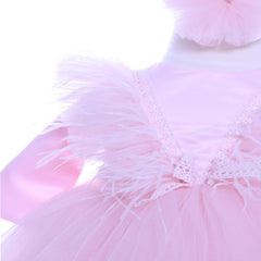 Set trusou complet pentru botez de fete, lumanare roz cu ingeras, rochita roz cu pene, trusou "azi m-am crestinat" si pantofiori, 10 piese, Recostore, REC1785