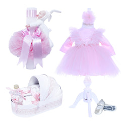 Set trusou complet pentru botez de fete, lumanare roz cu ingeras, rochita roz cu pene, trusou "azi m-am crestinat" si pantofiori, 10 piese, Recostore, REC1785