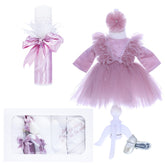 Set trusou complet pentru botez de fete, lumanare roz pudrat "cu drag de la nasi", rochita roz pudrat cu pene, trusou "cu drag de la nasi" si pantofiori, 11 piese, Recostore, REC1779
