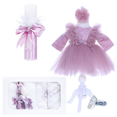 Set trusou complet pentru botez de fete, lumanare roz pudrat "cu drag de la nasi", rochita roz pudrat cu pene, trusou "cu drag de la nasi" si pantofiori, 11 piese, Recostore, REC1779