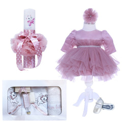 Set trusou complet pentru botez de fete, lumanare roz pudrat cu Pisicuta Aristocrata, rochita roz pudrat, trusou cu Pisicuta Aristocrata si pantofiori, 12 piese, Recostore, REC1796