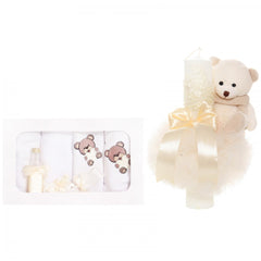 Set trusou si lumanare botez, ursulet, alb-ivoire, 8 piese, Recostore, REC1874