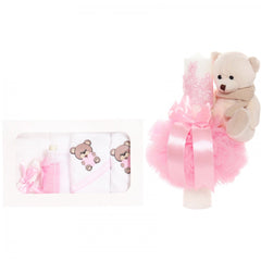 Set trusou si lumanare botez, ursulet, alb-roz, 8 piese, Recostore, REC1873