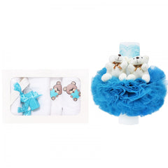 Set trusou si lumanare botez, ursulet, alb-turcoaz, 8 piese, Recostore, REC1877