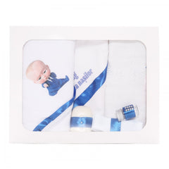 Set trusou si lumanare cu Bebe Boss pentru botez, alb-albastru, 7 piese, Recostore, REC1723