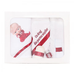Set trusou si lumanare cu Bebe Boss pentru botez, alb-rosu, 7 piese, Recostore, REC1724