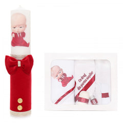 Set trusou si lumanare cu Bebe Boss pentru botez, alb-rosu, 7 piese, Recostore, REC1724