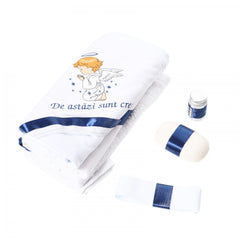 Set trusou si lumanare cu ingeras pentru botez, alb-bleumarin, 7 piese, Recostore, REC1750