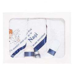Set trusou si lumanare cu ingeras pentru botez, alb-bleumarin, 7 piese, Recostore, REC1750