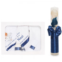 Set trusou si lumanare cu ingeras pentru botez, alb-bleumarin, 7 piese, Recostore, REC1750