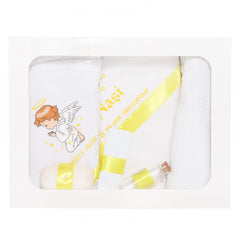 Set trusou si lumanare cu ingeras pentru botez, alb-galben, 7 piese, Recostore, REC1749