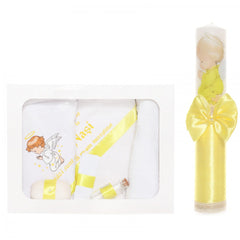 Set trusou si lumanare cu ingeras pentru botez, alb-galben, 7 piese, Recostore, REC1749