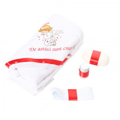 Set trusou si lumanare cu ingeras pentru botez, alb-rosu, 7 piese, Recostore, REC1752