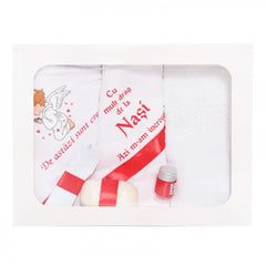 Set trusou si lumanare cu ingeras pentru botez, alb-rosu, 7 piese, Recostore, REC1752