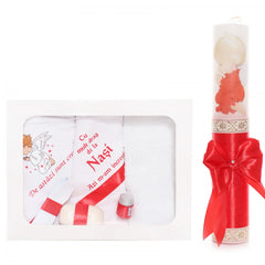 Set trusou si lumanare cu ingeras pentru botez, alb-rosu, 7 piese, Recostore, REC1752