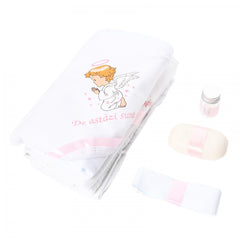 Set trusou si lumanare cu ingeras pentru botez, alb-roz, 7 piese, Recostore, REC1748