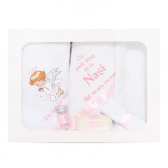 Set trusou si lumanare cu ingeras pentru botez, alb-roz, 7 piese, Recostore, REC1748