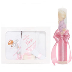 Set trusou si lumanare cu ingeras pentru botez, alb-roz, 7 piese, Recostore, REC1748