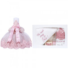 Set trusou si lumanare pentru botez de fete, "Cu mult drag de la nasi", roz pudrat, 8 piese, Recostore, REC1822