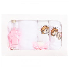 Set trusou si lumanare pentru botez de fete, ingeras brodat, roz, 8 piese, Recostore, REC1836