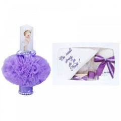 Set trusou si lumanare pentru botez de fete, lila, 8 piese, "Cu mult drag de la nasi", Recostore, REC1811