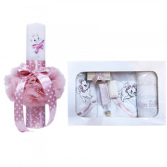 Set trusou si lumanare pentru botez de fete, pisicuta aristocrata, roz pudrat, 9 piese, Recostore, REC1819