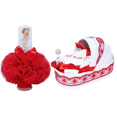 Set trusou si lumanare pentru botez de fete, rosu, 7 piese, "azi m-am crestinat", Recostore, REC1810