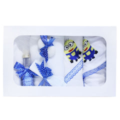 Trusou alb-albastru cu Minion brodat, 7 piese, sticla mir, sapun, panza mir, fasa, prosop cu capison, prosop preot, paturica bebe, REC225