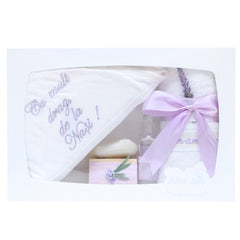 Trusou alb-lila pentru botez, compus din prosop bebe, prosop preot, panza mir, sapun, fasa, sticluta mir, cutiuta prima suvita, 7 piese, REC1398