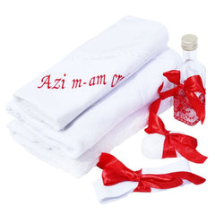 Trusou alb-rosu, tip landou, �Azi m-am crestinat�, 6 piese, sticla mir, sapun, panza mir, fasa, prosop cu capison, prosop preot, REC258
