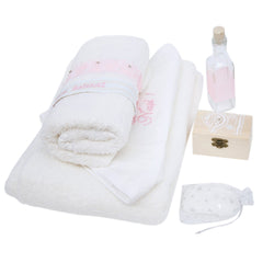 Trusou alb-roz pentru botez, compus din prosop bebe, prosop preot, panza mir, sapun, fasa, sticluta mir, cutiuta prima suvita, 7 piese, REC1419