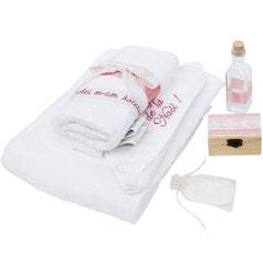 Trusou alb-roz pudrat pentru botez, compus din prosop bebe, prosop preot, panza mir, sapun, fasa, sticluta mir, cutiuta prima suvita, 7 piese, REC1433