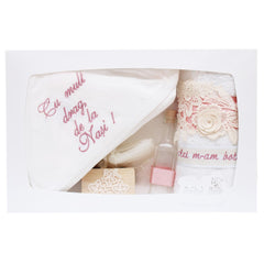 Trusou alb-roz pudrat pentru botez, compus din prosop bebe, prosop preot, panza mir, sapun, fasa, sticluta mir, cutiuta prima suvita, 7 piese, REC1433