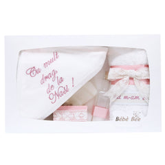 Trusou alb-roz pudrat pentru botez, compus din prosop bebe, prosop preot, panza mir, sapun, fasa, sticluta mir, cutiuta prima suvita, 7 piese, REC1433