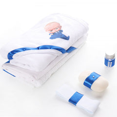 Trusou Bebe Sef alb-albastru electric, cu mesaj �Cu drag din partea nasilor� imprimat, 6 piese, Recostore, REC1720