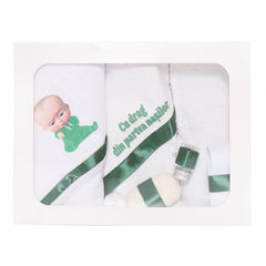 Trusou Bebe Sef alb-verde, cu mesaj �Cu drag din partea nasilor� imprimat, 6 piese, Recostore, REC1719