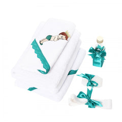 Trusou botez brodat cu Bebe print, alb-verde, 7 piese, Recostore, REC1769