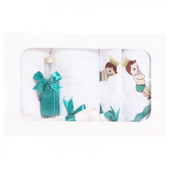 Trusou botez brodat cu Bebe print, alb-verde, 7 piese, Recostore, REC1769