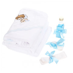 Trusou botez brodat cu ingeras, alb-bleu, 7 piese, Recostore, REC1754