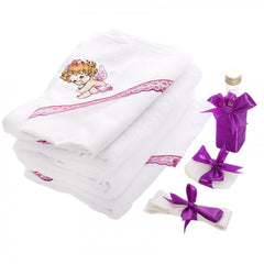Trusou botez brodat cu ingeras, alb-mov, 7 piese, Recostore, REC1757