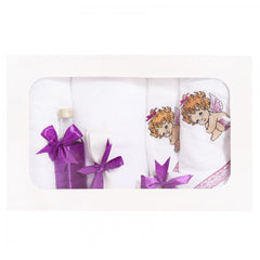 Trusou botez brodat cu ingeras, alb-mov, 7 piese, Recostore, REC1757